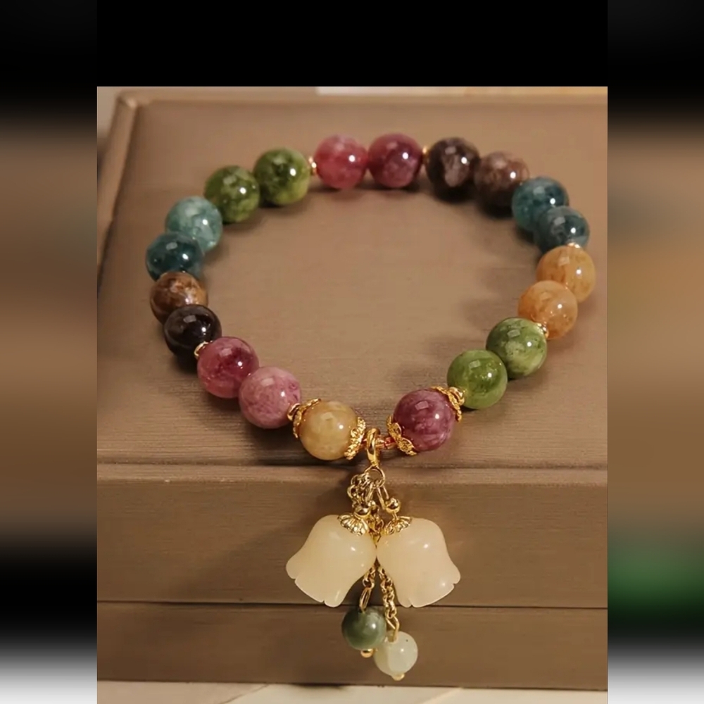 Colorful Natural Stone Bracelet with Floral Pendant, Ethnic Style.